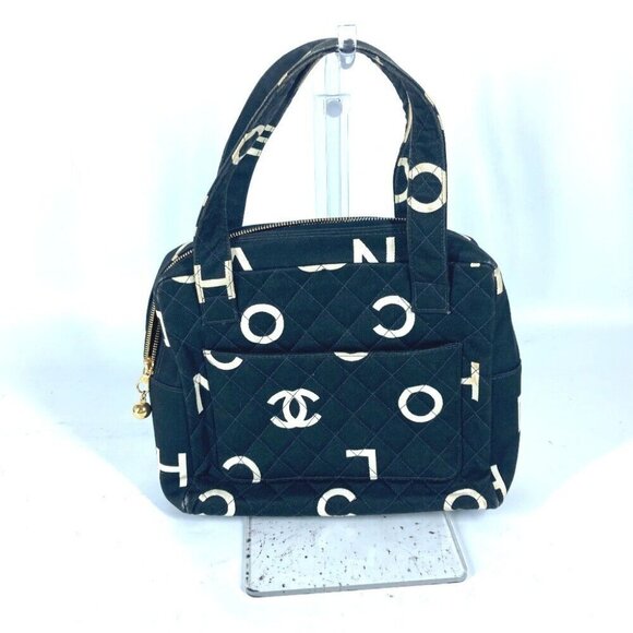 CHANEL vintage CC logo all over Bag Hand Bag Canvas Black/White - Picture 1 of 16